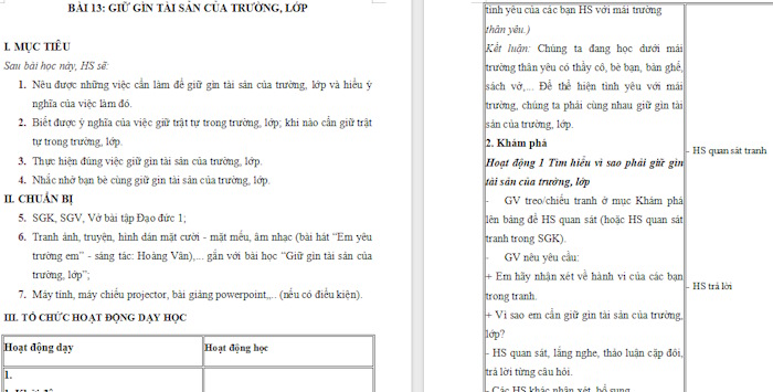 Giáo án Đạo đức 1: Giữ gìn tài sản của trường, lớp