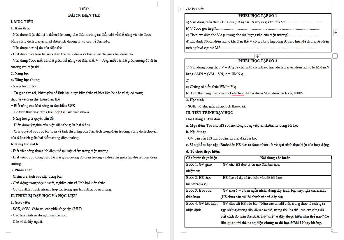  Vật lí 11 Bài 20: Điện thế