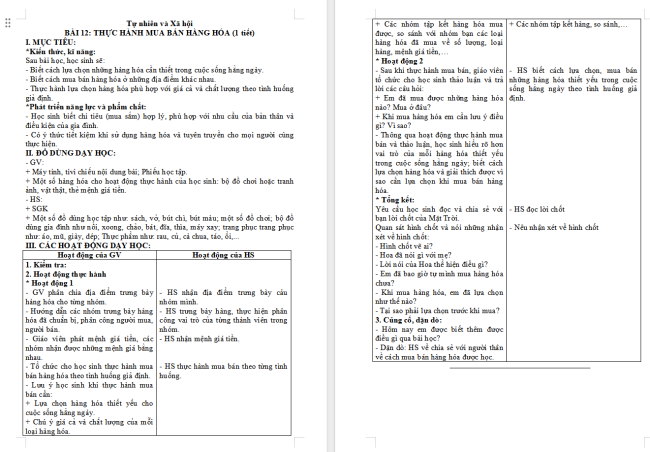 Giáo án Tự nhiên và xã hội 2 Bài 12: Thực hành mua bán hàng hóa