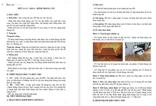 Giáo án Toán 6 Bài 4: Hình thang cân