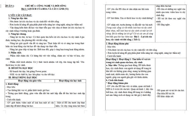 Giáo án Công nghệ 4 Bài 1: Lợi ích của hoa, cây cảnh đối với đời sống