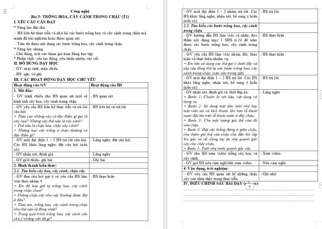 Giáo án Công nghệ 4 Bài 5: Trồng hoa, cây cảnh trong chậu