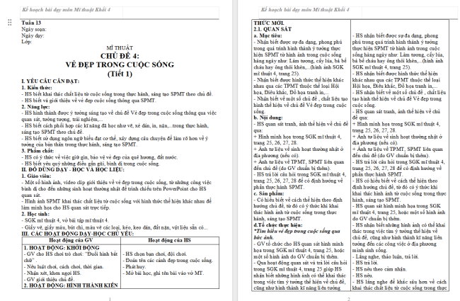 Giáo án Mĩ thuật 4 Chủ đề 4: Vẻ đẹp trong cuộc sống