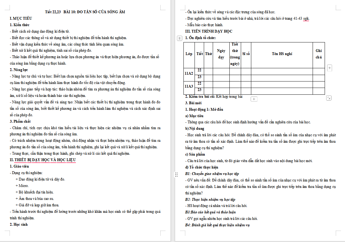 Giáo án Vật lí 11 Bài 10: Thực hành Đo tần số của sóng âm