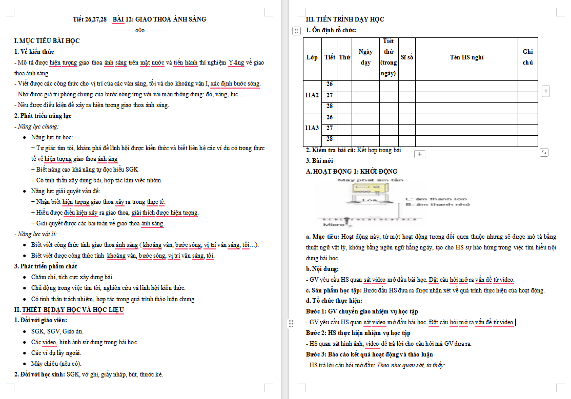 Giáo án Vật lí 11 Bài 12: Giao thoa sóng