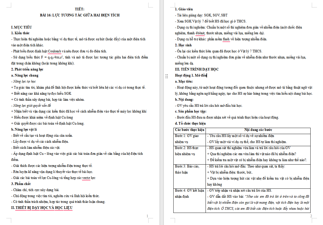 Giáo án Vật lí 11 Bài 16: Lực tương tác giữa hai điện tích