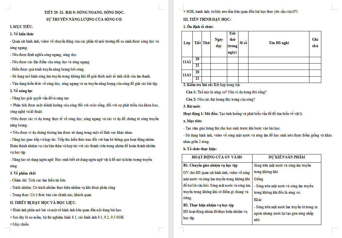Giáo án Vật lí 11 Bài 8: Mô tả sóng