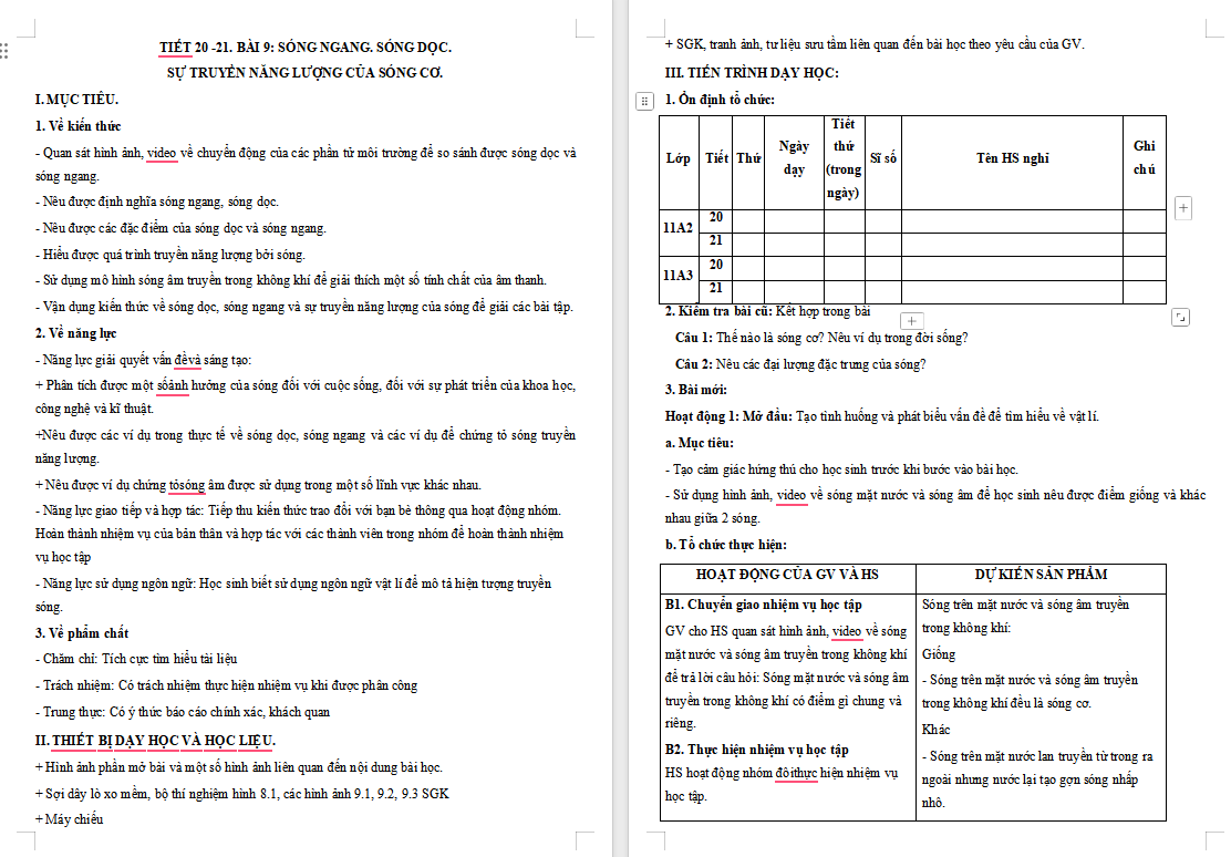 Giáo án Vật lí 11 Bài 9: Sóng ngang, Sóng dọc, Sự truyền năng lượng của sóng cơ