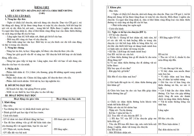 Giáo án Tiếng Việt 3 Bài 6: Kể chuyện Bộ lông rực rỡ của chim thiên đường