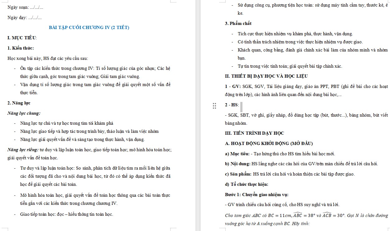 Giáo án Toán 9 Bài tập cuối Chương 4 file word