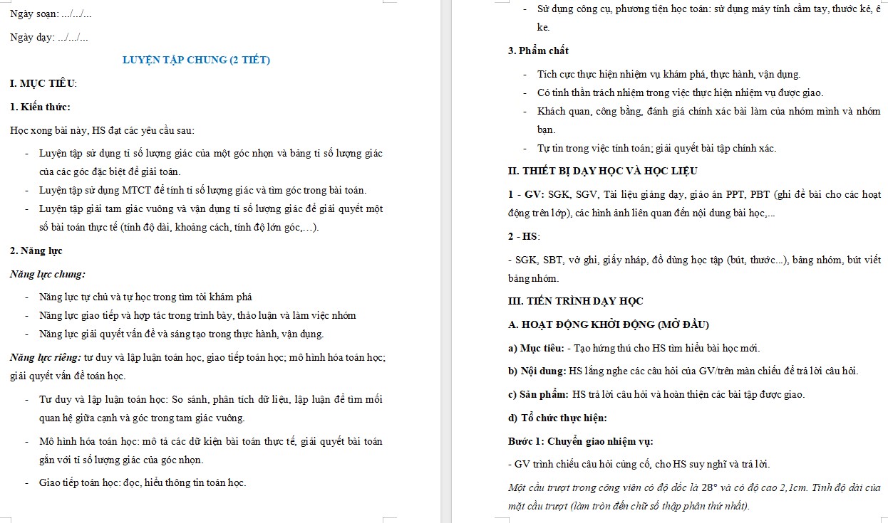 Giáo án Toán 9 Bài Luyện tập chung Chương 4 file word