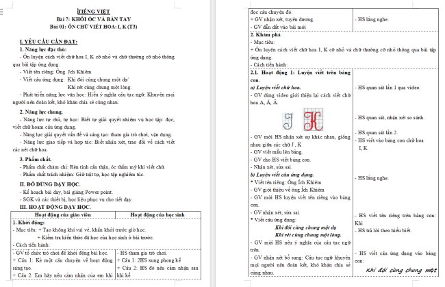 Giáo án Tiếng Việt 3 Bài 7: Ôn chữ viết hoa I, K
