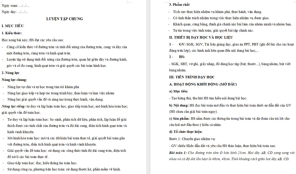 Giáo án Toán 9 Bài Luyện tập chung Chương 5 file word