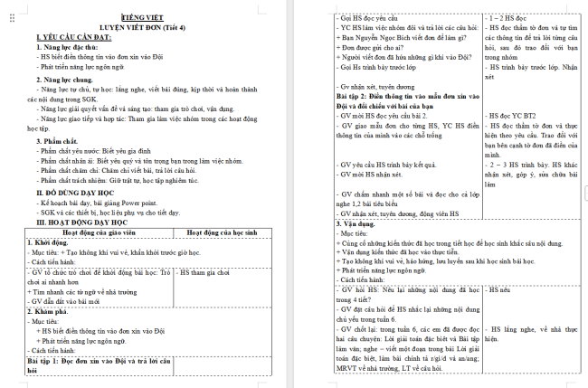 Giáo án Tiếng Việt 3 Bài 12: Điền thông tin vào mẫu đơn xin vào Đội