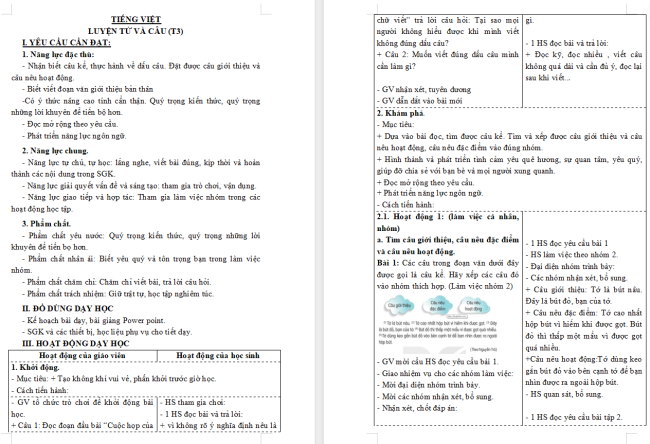Giáo án Tiếng Việt 3 Bài 14: Câu kể, các dấu kết thúc câu