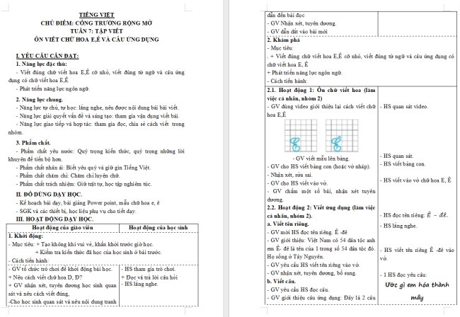 Giáo án Tiếng Việt 3 Bài 14: Ôn chữ viết hoa E, Ê