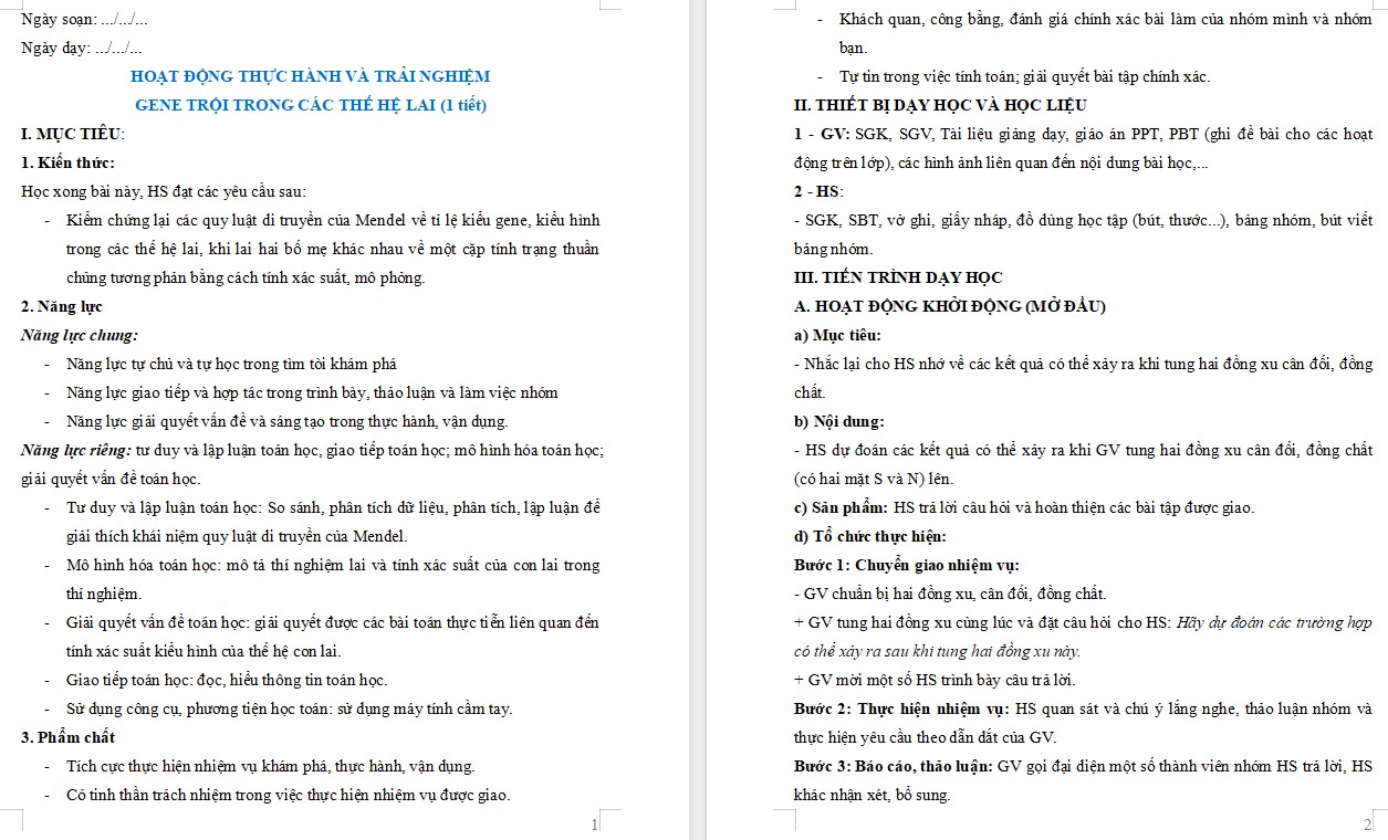 Giáo án Toán 9 Bài Gene trội trong các thế hệ lai file word