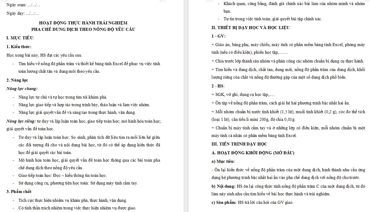 Giáo án Toán 9 Bài Pha chế dung dịch theo nồng độ yêu cầu file word