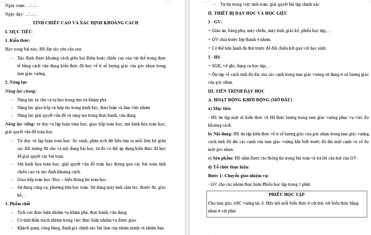 Giáo án Toán 9 Bài Tính chiều cao và xác định khoảng cách file word
