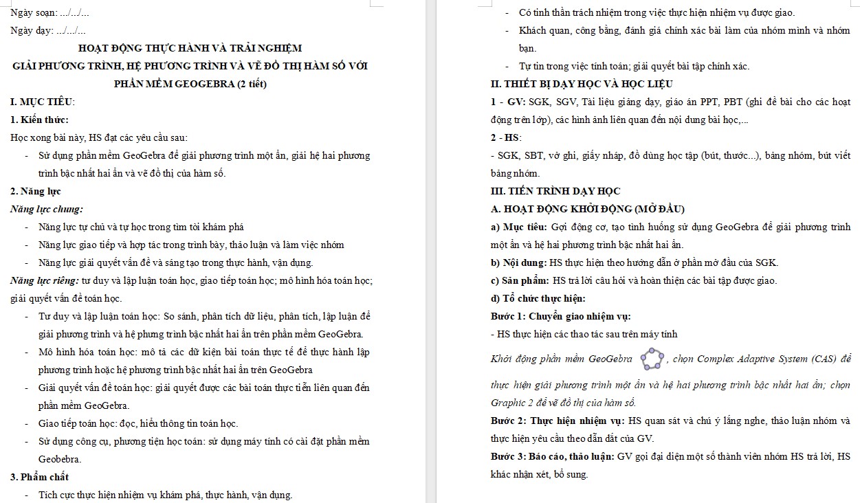 Giáo án Toán 9 Bài Giải phương trình, hệ phương trình và vẽ đồ thị hàm số với phần mềm GeoGebra file word