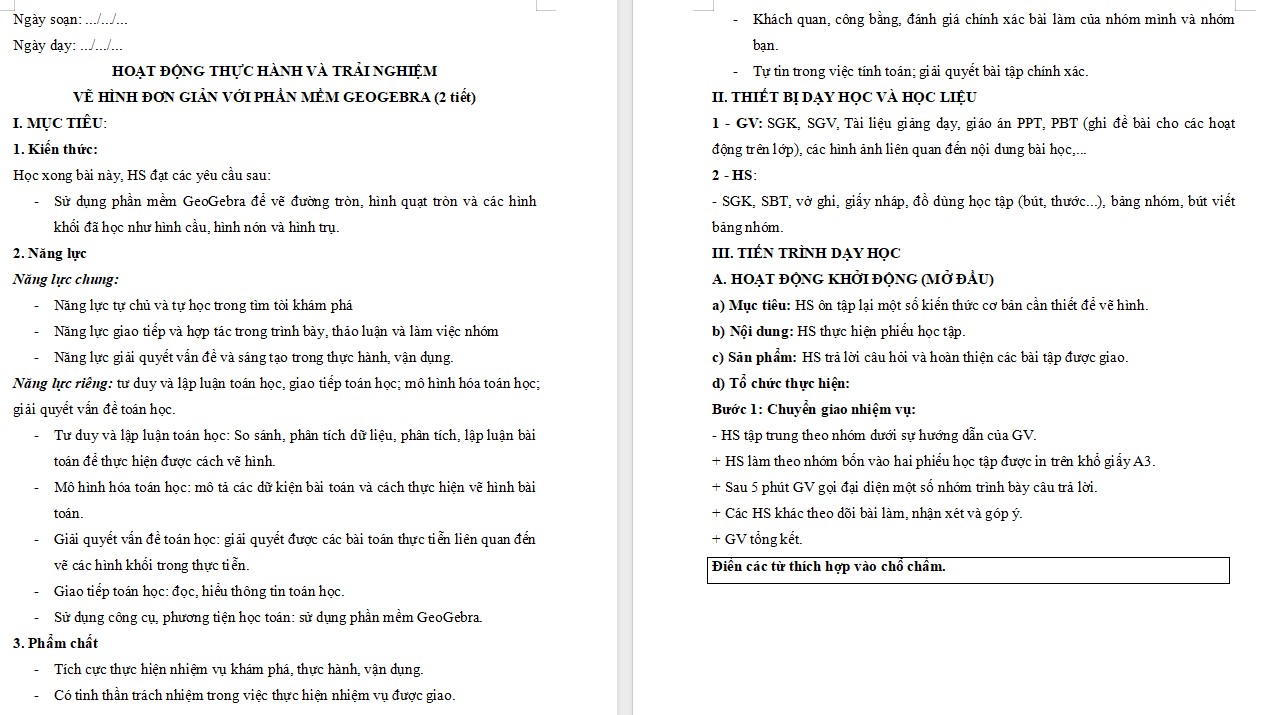 Giáo án Toán 9 Bài Vẽ hình đơn giản với phần mềm GeoGebra file word