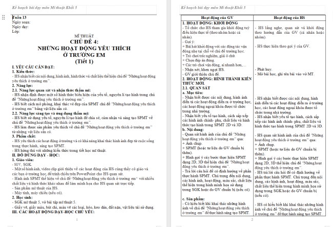Giáo án Mĩ thuật 5 Chủ đề 4: Những hoạt động yêu thích ở trường em