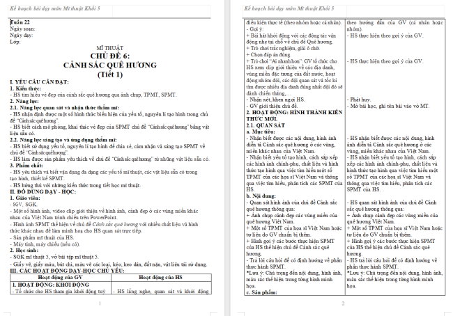 Giáo án Mĩ thuật 5 Chủ đề 6: Cảnh sắc quê hương