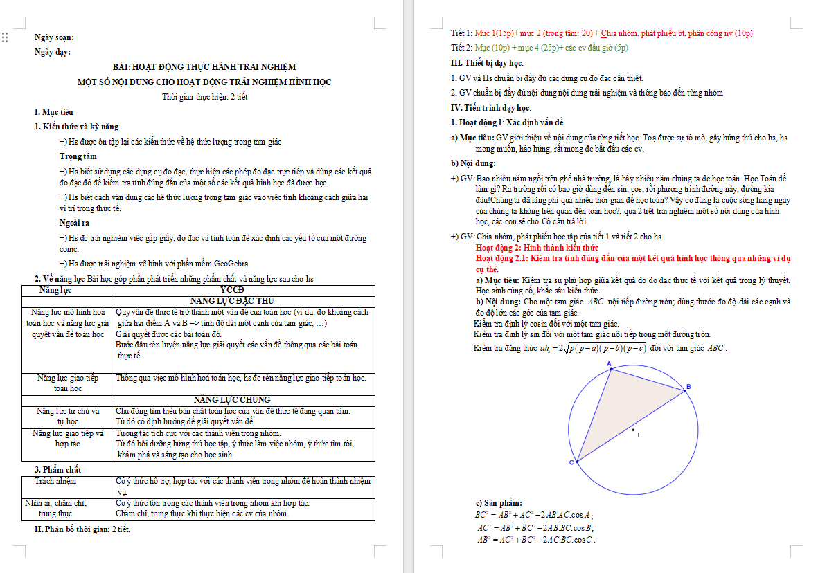 Giáo án PowerPoint Toán 10 Một số nội dung cho hoạt động trải nghiệm hình học