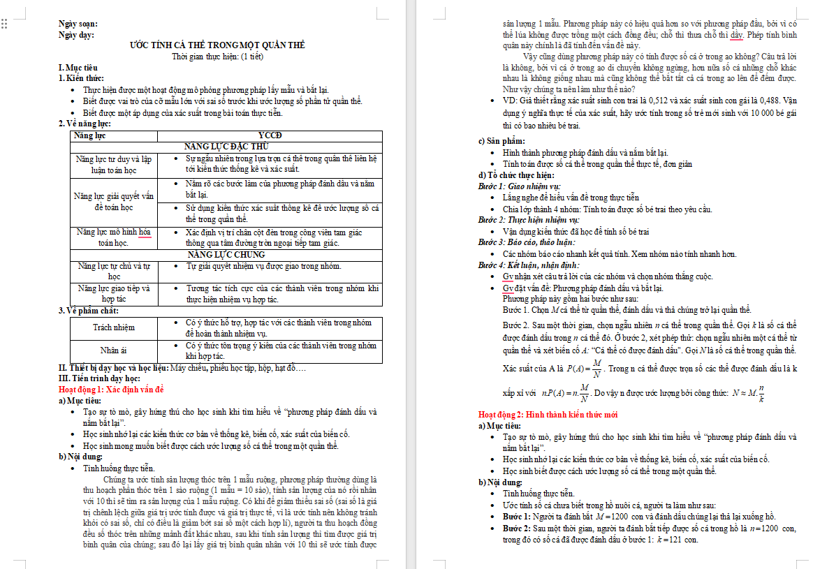 Giáo án PowerPoint Toán 10 Ước tính số cá thể trong một quần thể