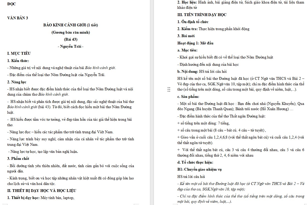 Giáo án Bài Bảo kính cảnh giới Ngữ văn 10 KNTT