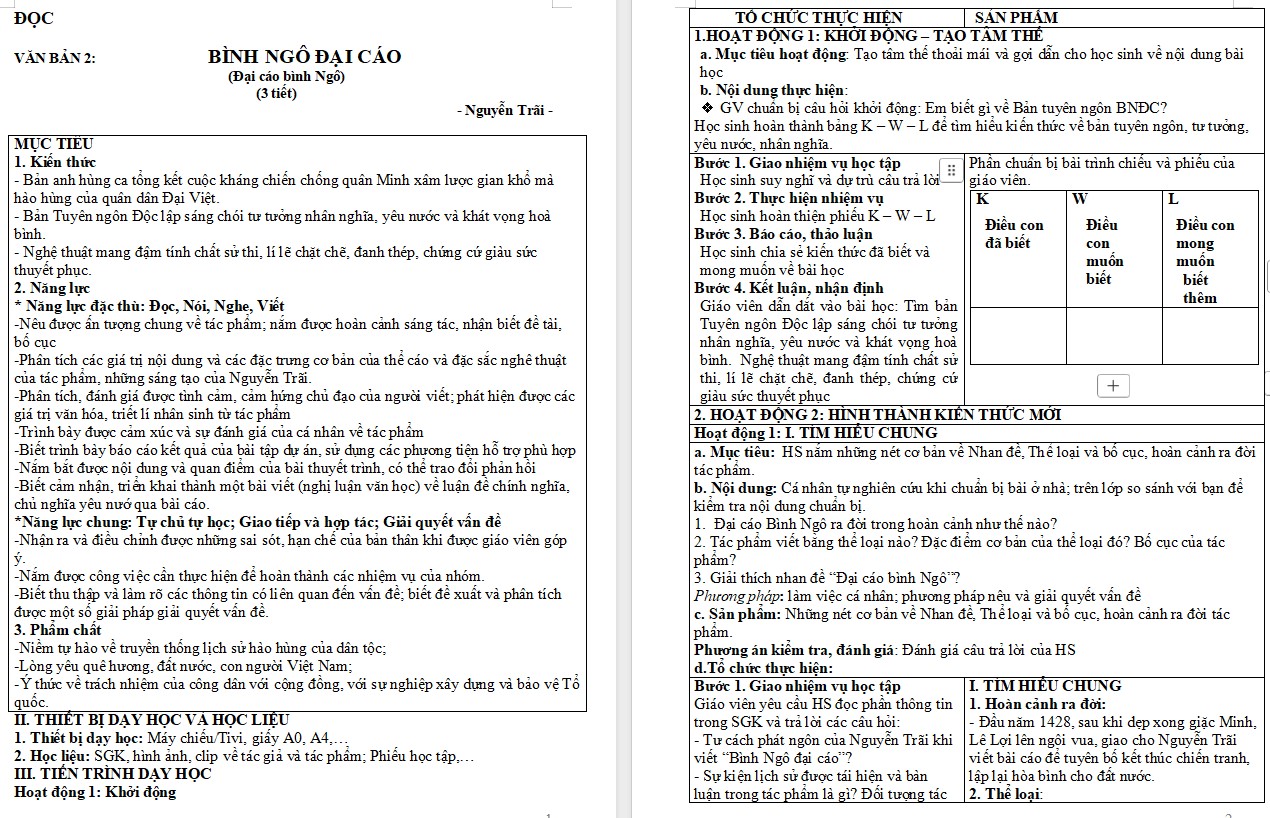 Giáo án Bài Bình Ngô đại cáo Ngữ văn 10 KNTT