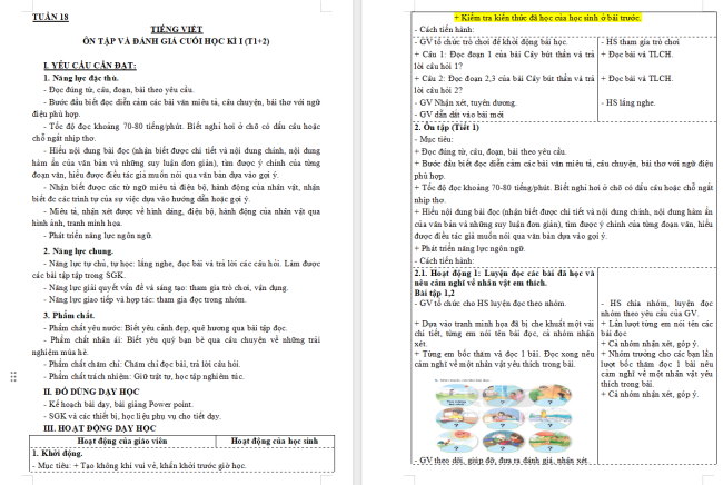 Giáo án Tiếng Việt 3 Ôn tập cuối học kì 1 (Tiết 1, 2)