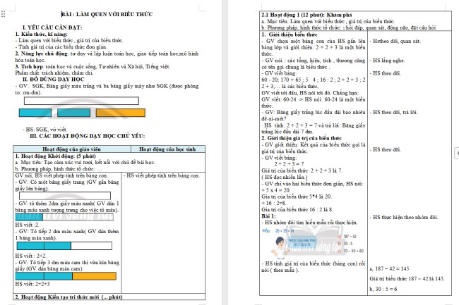 Giáo án Toán 3: Làm quen với biểu thức