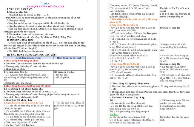 Giáo án Toán 3: Làm quen với chữ số La Mã