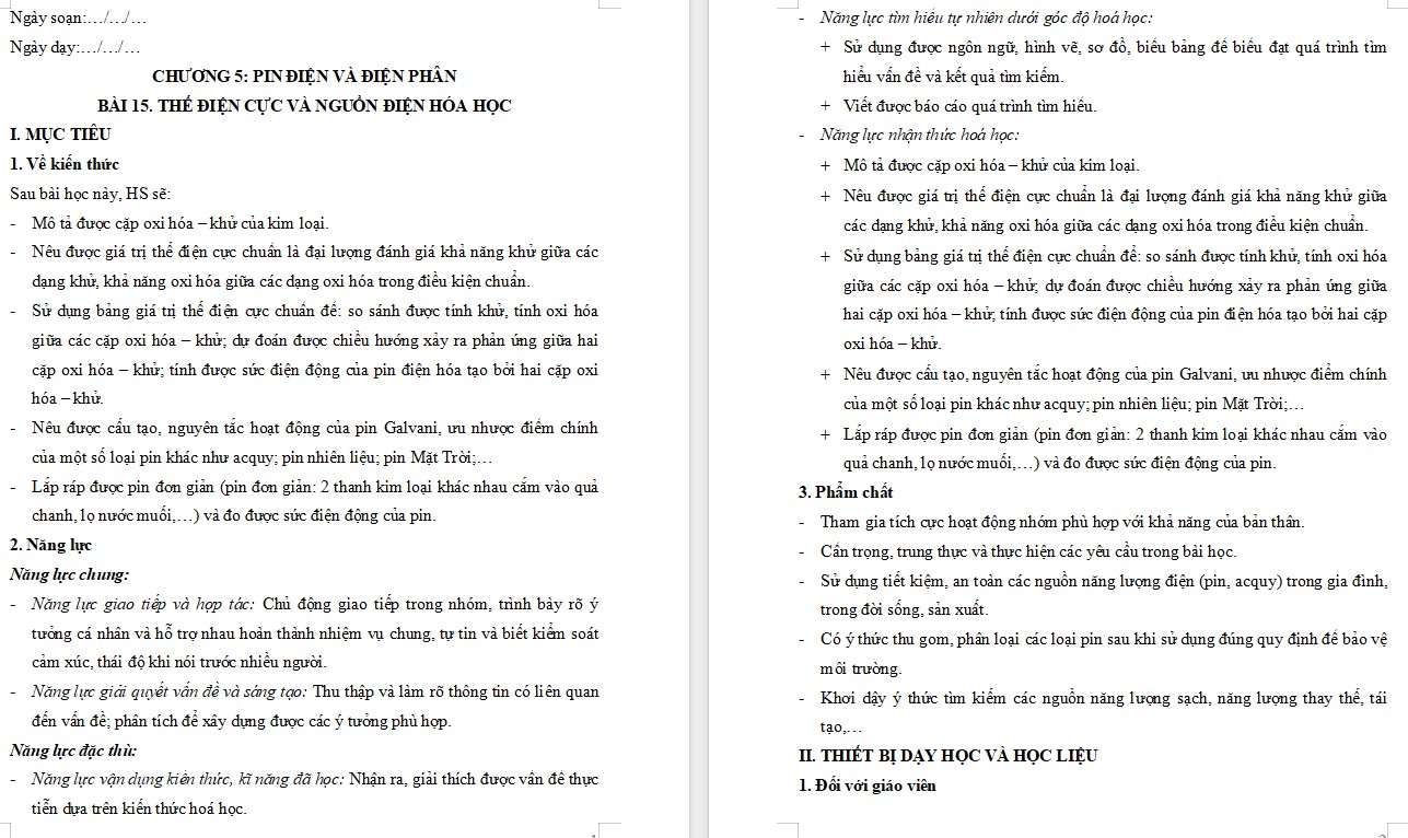 Kế hoạch bài dạy Hóa 12 KNTT Bài 15