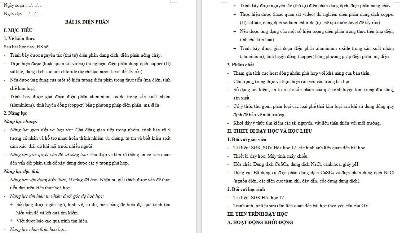 Kế hoạch bài dạy Hóa 12 KNTT Bài 16