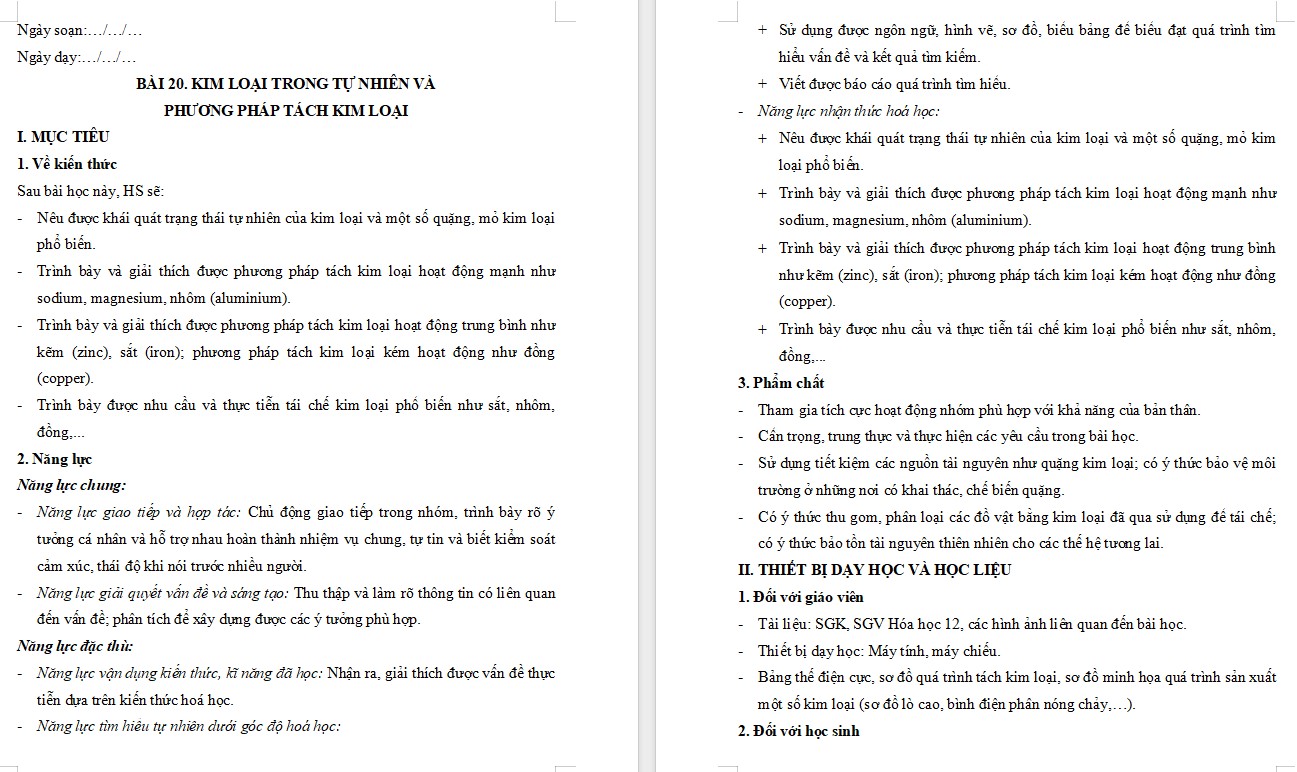 Kế hoạch bài dạy Hóa 12 KNTT Bài 20