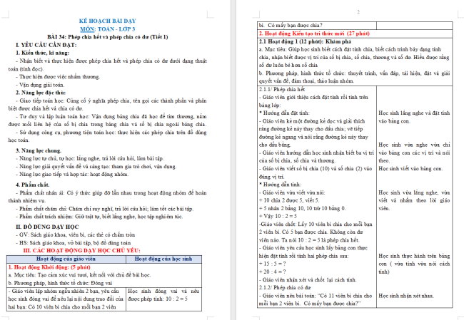 Giáo án Toán 3: Phép chia hết và phép chia có dư