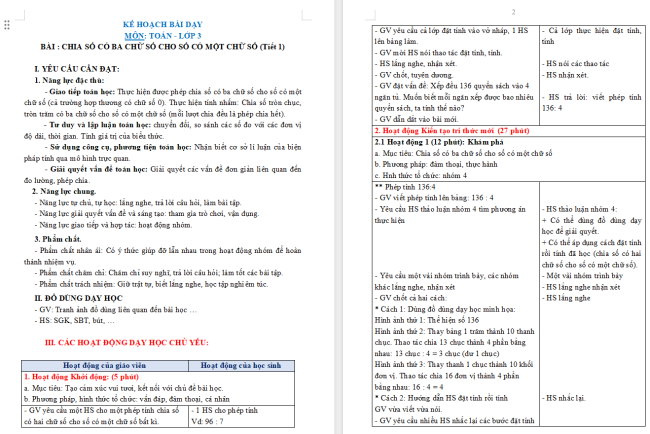 Giáo án Toán 3: Chia số có ba chữ số cho số có một chữ số