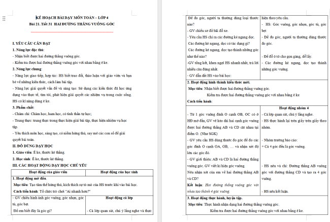 Giáo án Toán 4 Bài 21: Hai đường thẳng vuông góc. Vẽ hai đường thẳng vuông góc