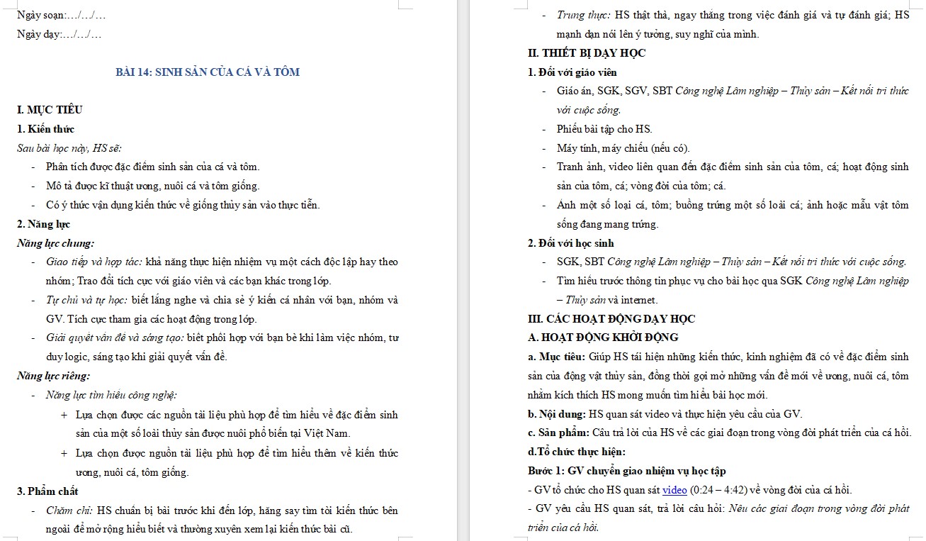 Kế hoạch bài dạy Công nghệ 12 KNTT Bài 14
