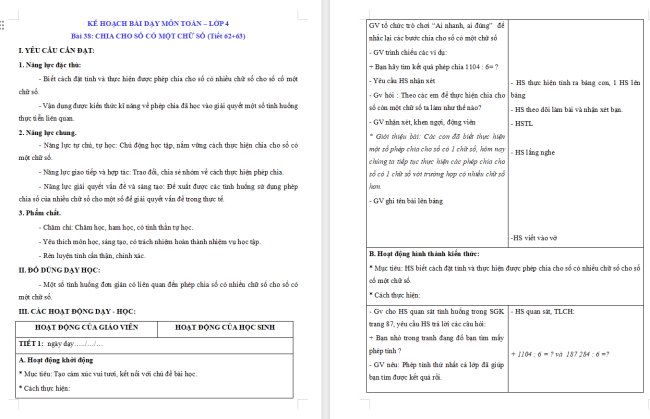 Giáo án Toán 4 Bài 38: Chia cho số có một chữ số