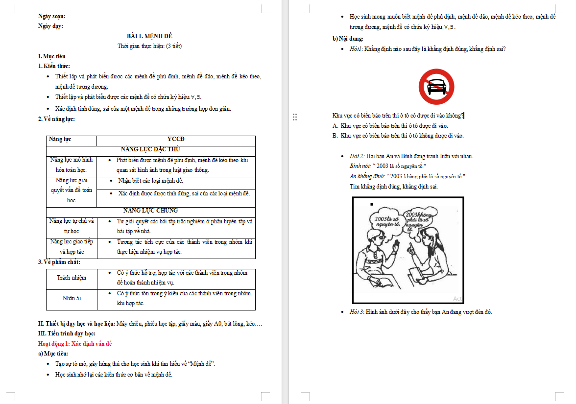 Giáo án Toán 10 Bài 1: Mệnh đề