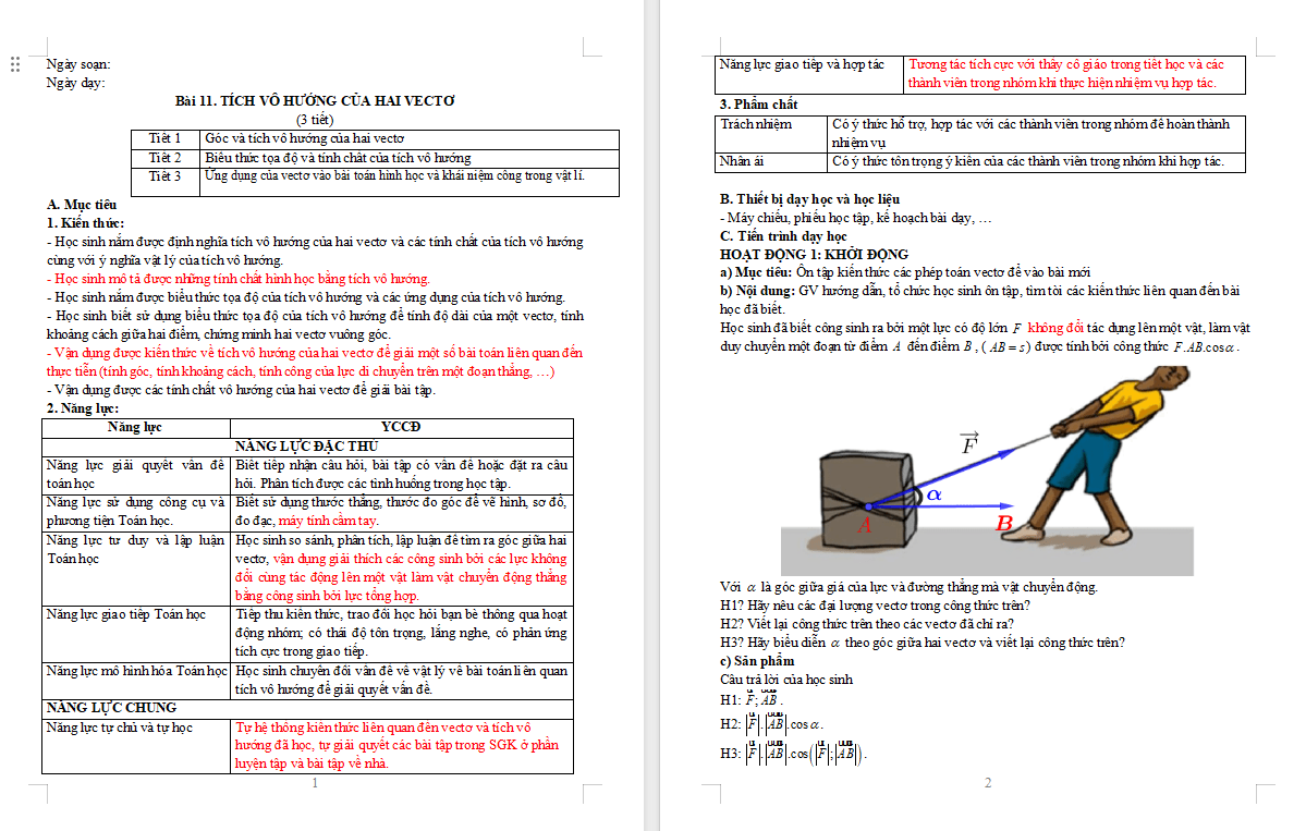 Giáo án Toán 10 Bài 11: Tích vô hướng của hai vectơ