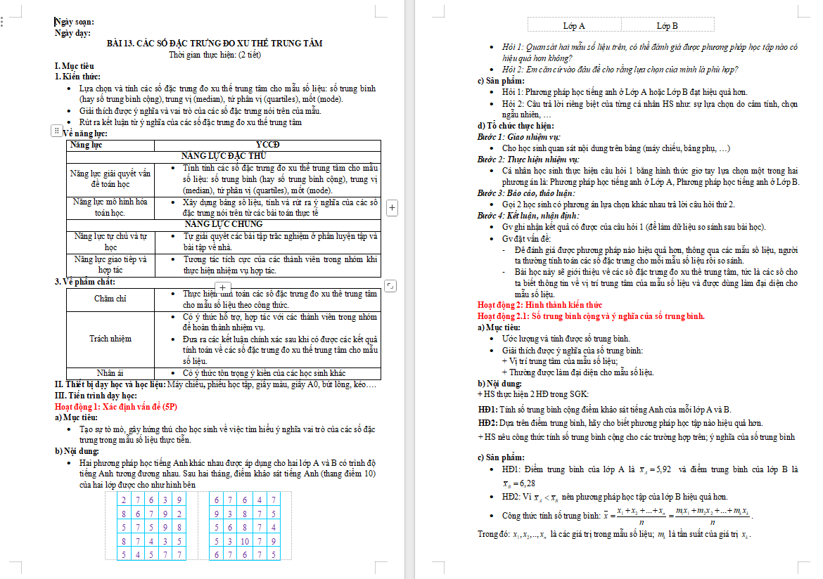 Giáo án Toán 10 Bài 13: Các số đặc trưng đo xu thế trung tâm