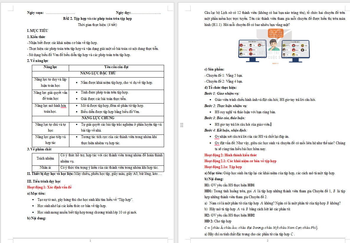 Giáo án Toán 10 Bài 2: Tập hợp và các phép toán trên tập hợp