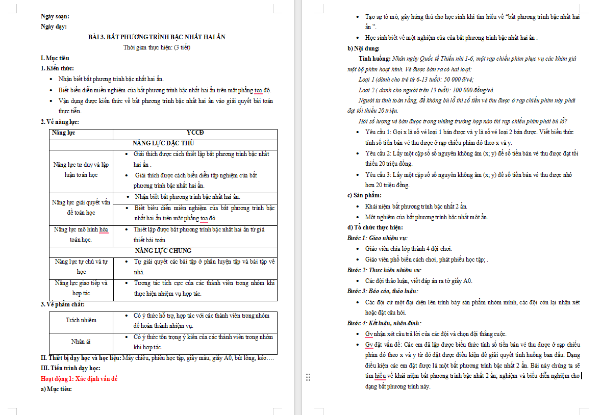 Giáo án Toán 10 Bài 3: Bất phương trình bậc nhất hai ẩn