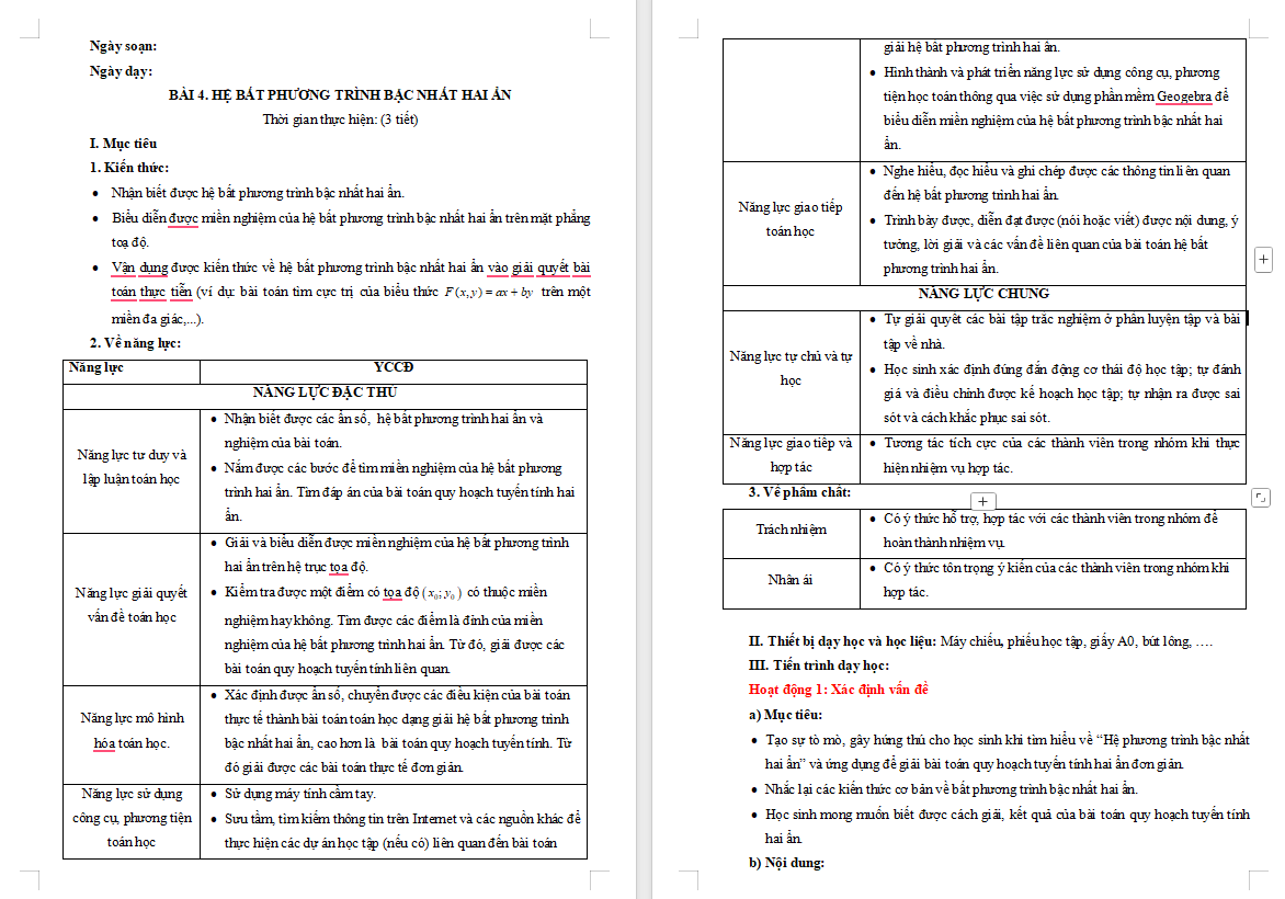Giáo án Toán 10 Bài 4: Hệ bất phương trình bậc nhất hai ẩn