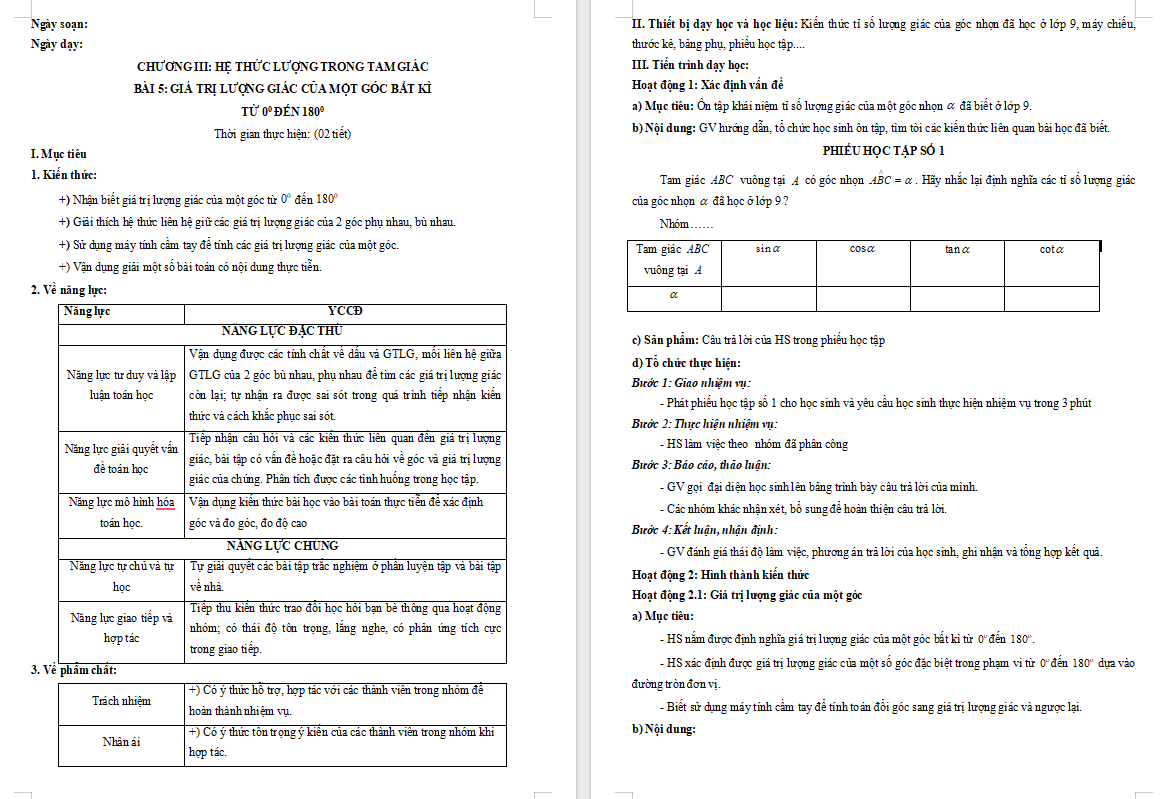 Giáo án Toán 10 Bài 5: Giá trị lượng giác của một góc từ 0° đến 180°