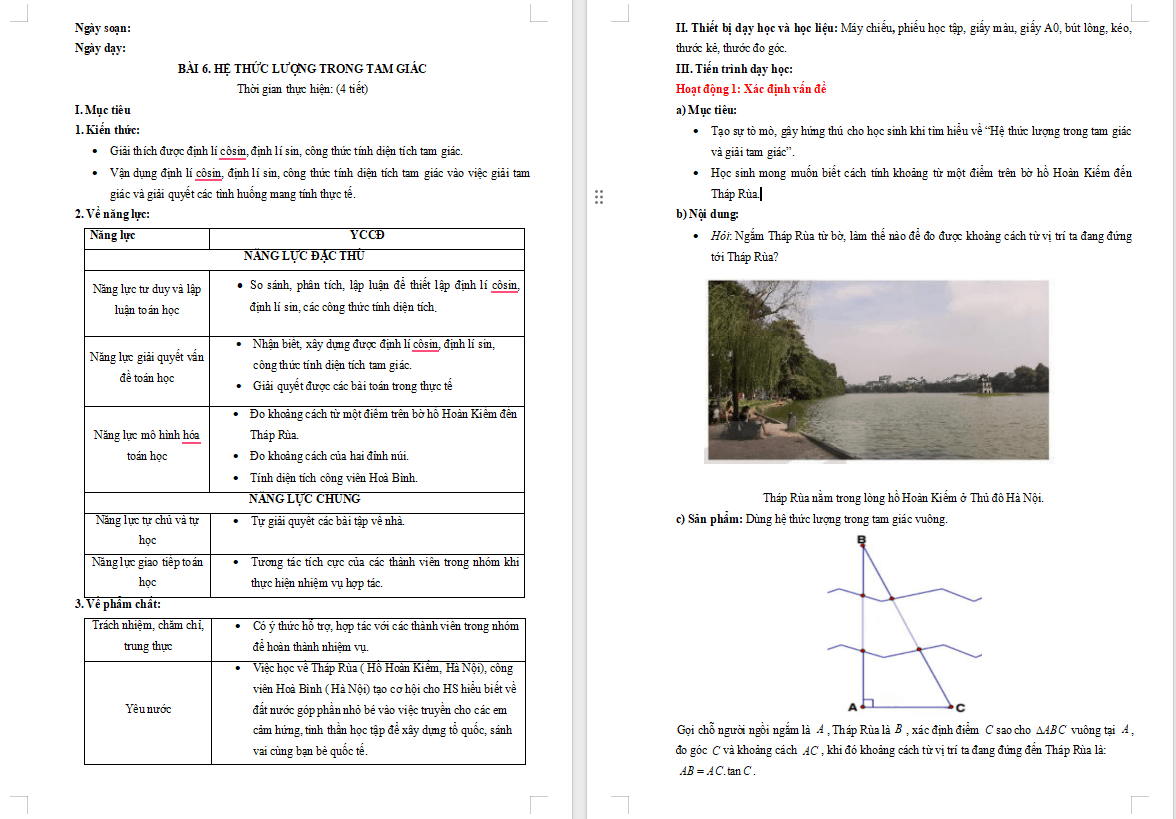 Giáo án Toán 10 Bài 6: Hệ thức lượng trong tam giác